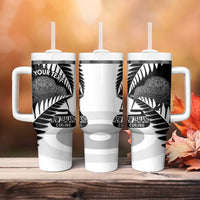 New Zealand Silver Fern Curling Personalised Tumbler With Handle Aotearoa Kiwi Ponga Black White Version - Polynesian Pride