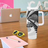 New Zealand Silver Fern Curling Personalised Tumbler With Handle Aotearoa Kiwi Ponga Black White Version - Polynesian Pride