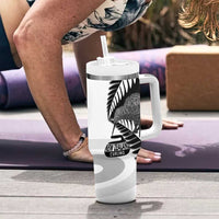 New Zealand Silver Fern Curling Personalised Tumbler With Handle Aotearoa Kiwi Ponga Black White Version - Polynesian Pride