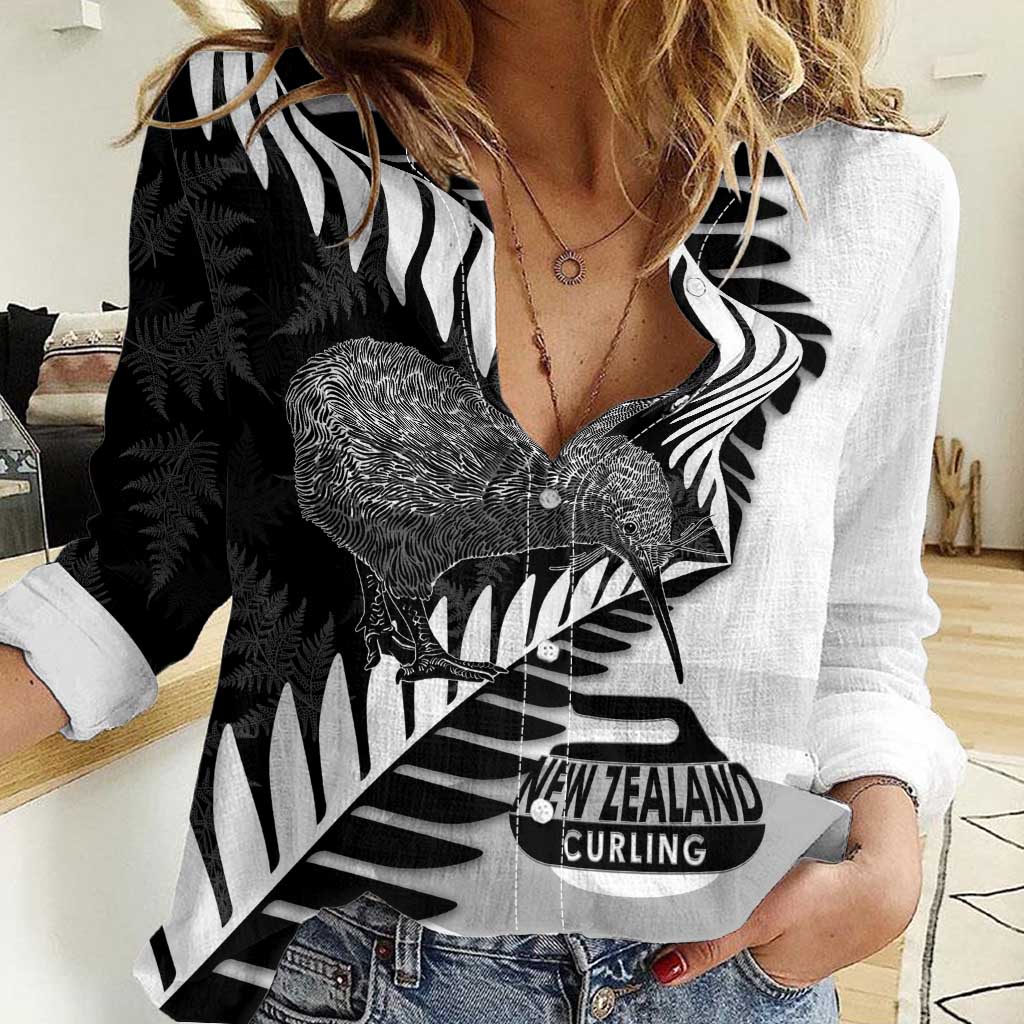 New Zealand Silver Fern Curling Personalised Women Casual Shirt Aotearoa Kiwi Ponga Black White Version - Polynesian Pride