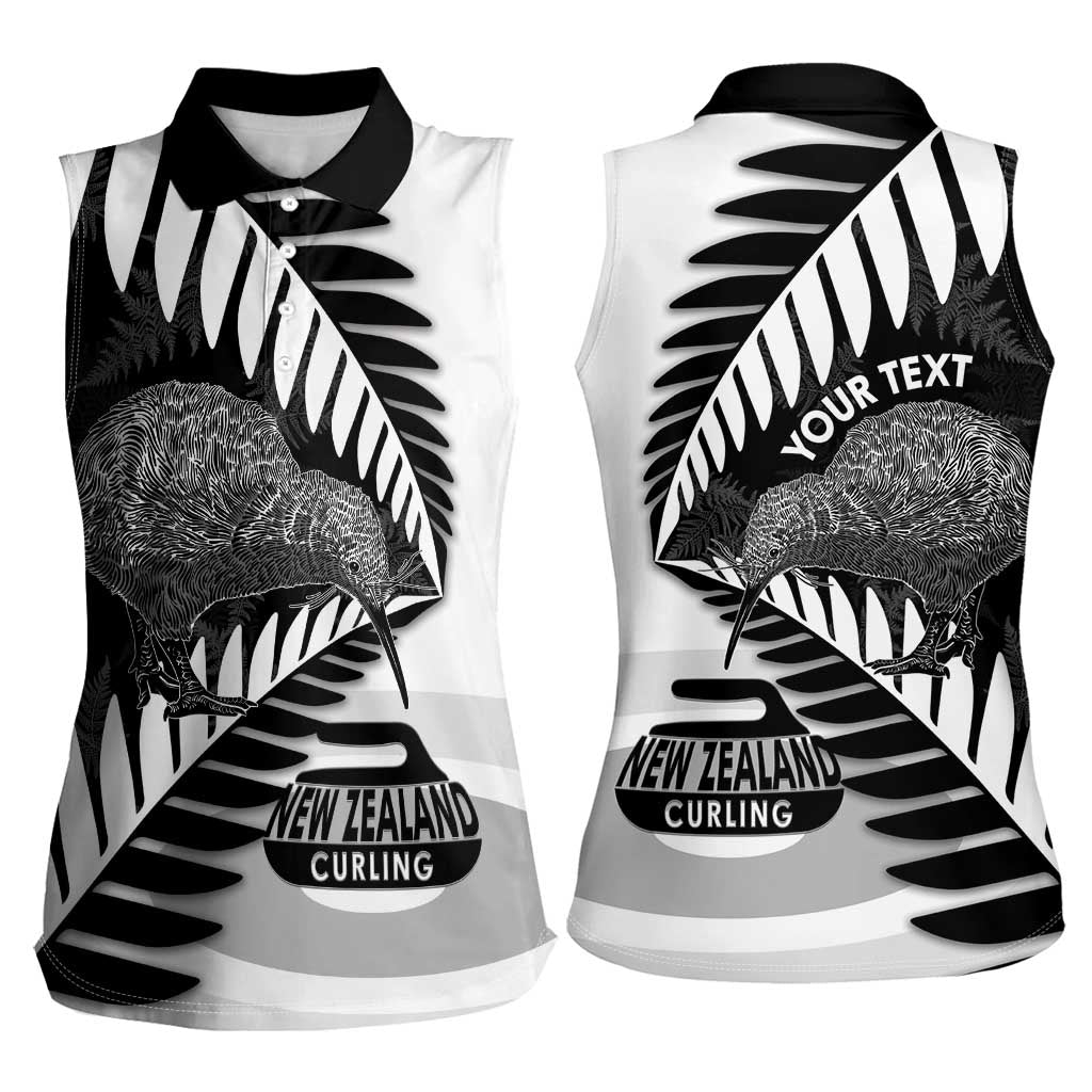 New Zealand Silver Fern Curling Personalised Women Sleeveless Polo Shirt Aotearoa Kiwi Ponga Black White Version LT14 - Polynesian Pride
