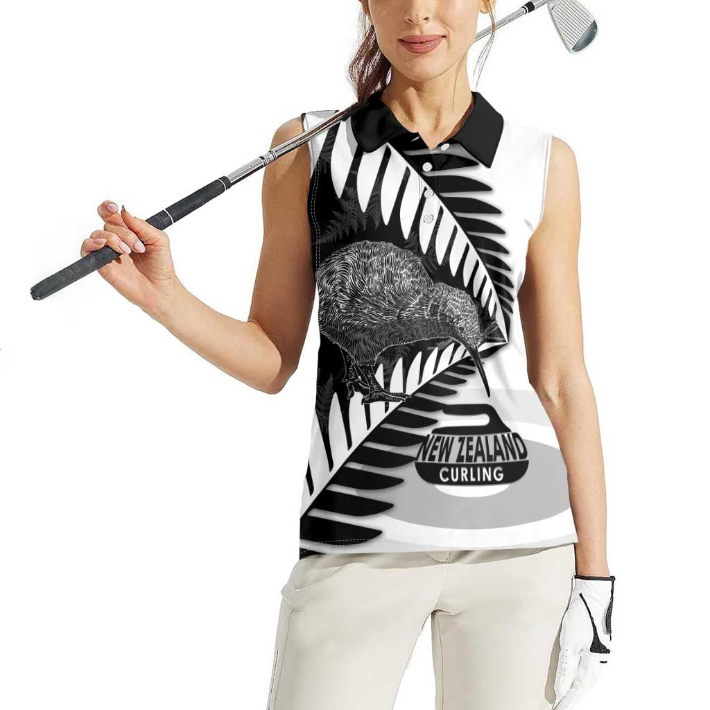 New Zealand Silver Fern Curling Personalised Women Sleeveless Polo Shirt Aotearoa Kiwi Ponga Black White Version LT14 - Polynesian Pride
