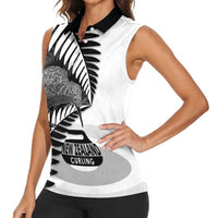 New Zealand Silver Fern Curling Personalised Women Sleeveless Polo Shirt Aotearoa Kiwi Ponga Black White Version LT14 - Polynesian Pride