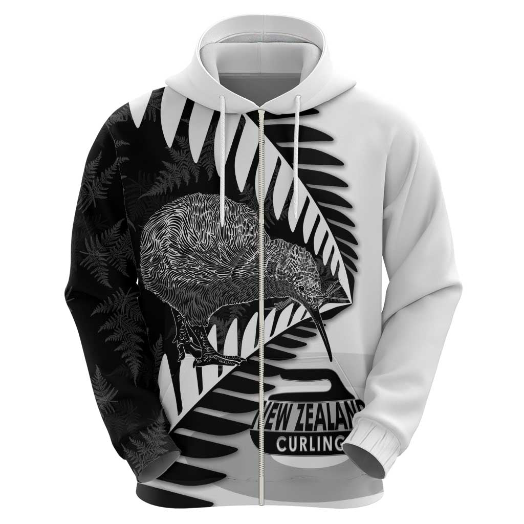 New Zealand Silver Fern Curling Personalised Zip Hoodie Aotearoa Kiwi Ponga Black White Version - Polynesian Pride