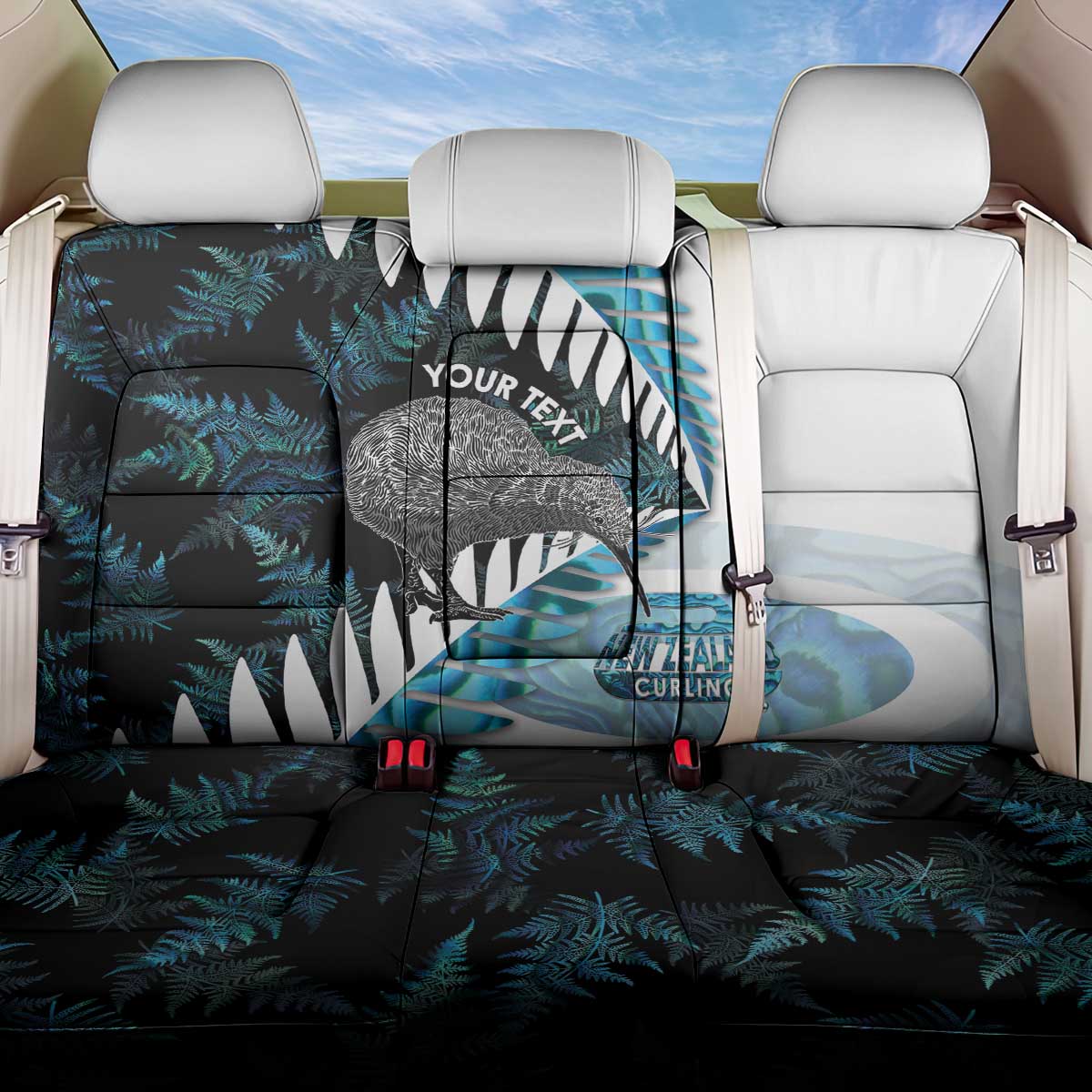 New Zealand Silver Fern Curling Personalised Back Car Seat Cover Aotearoa Kiwi Ponga Paua Shell Version - Polynesian Pride