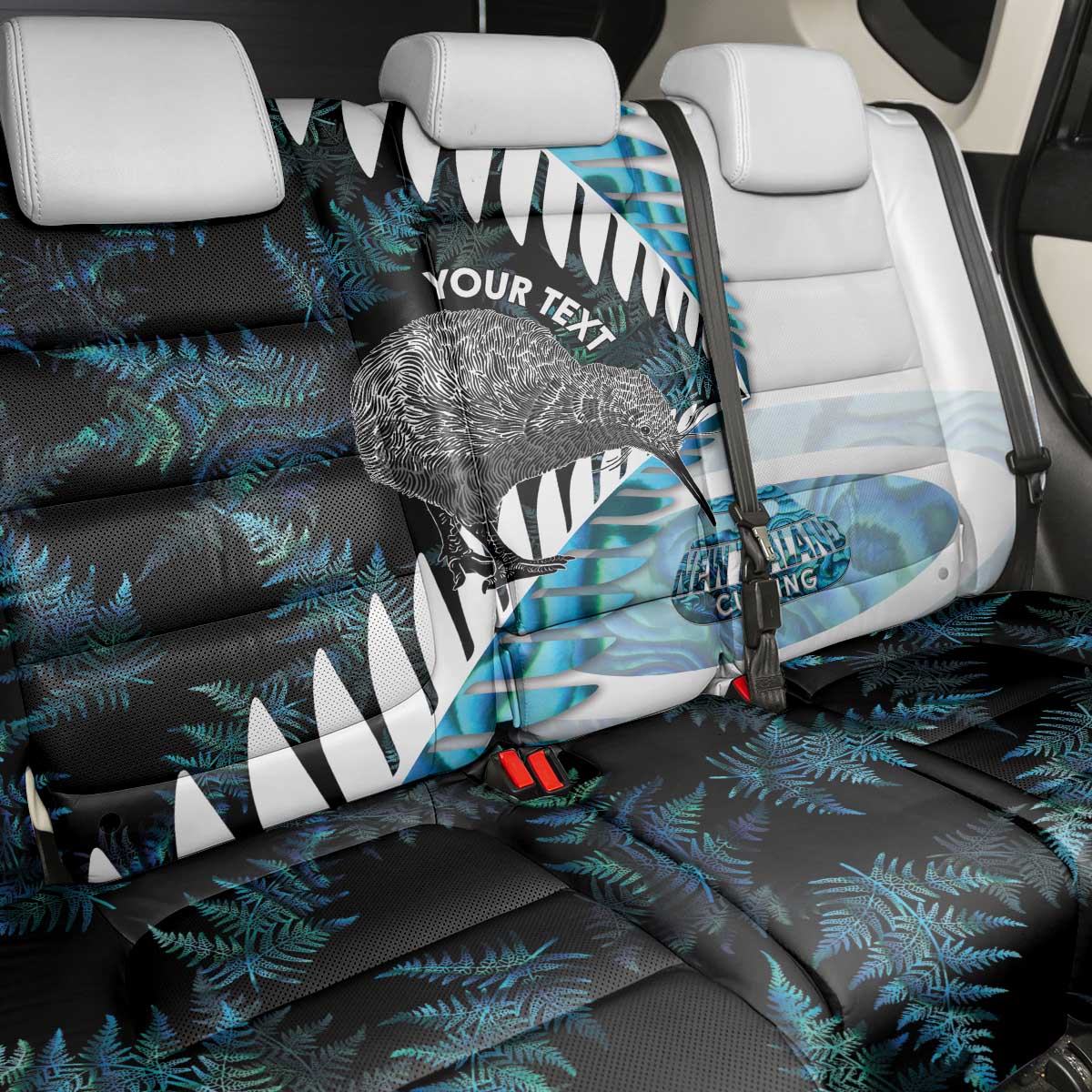 New Zealand Silver Fern Curling Personalised Back Car Seat Cover Aotearoa Kiwi Ponga Paua Shell Version - Polynesian Pride