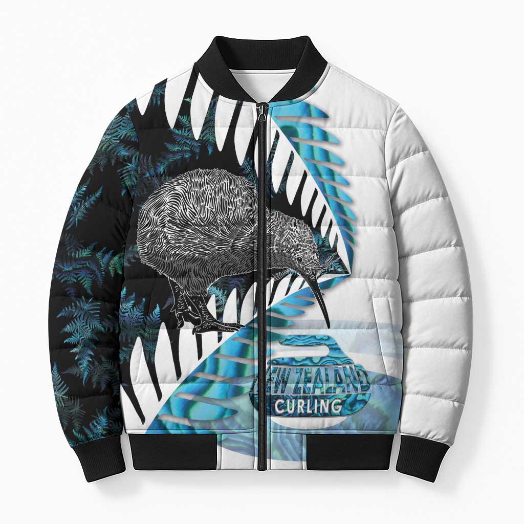 New Zealand Silver Fern Curling Personalised Bomber Puffer Jacket Aotearoa Kiwi Ponga Paua Shell Version LT14 Unisex Black - Polynesian Pride