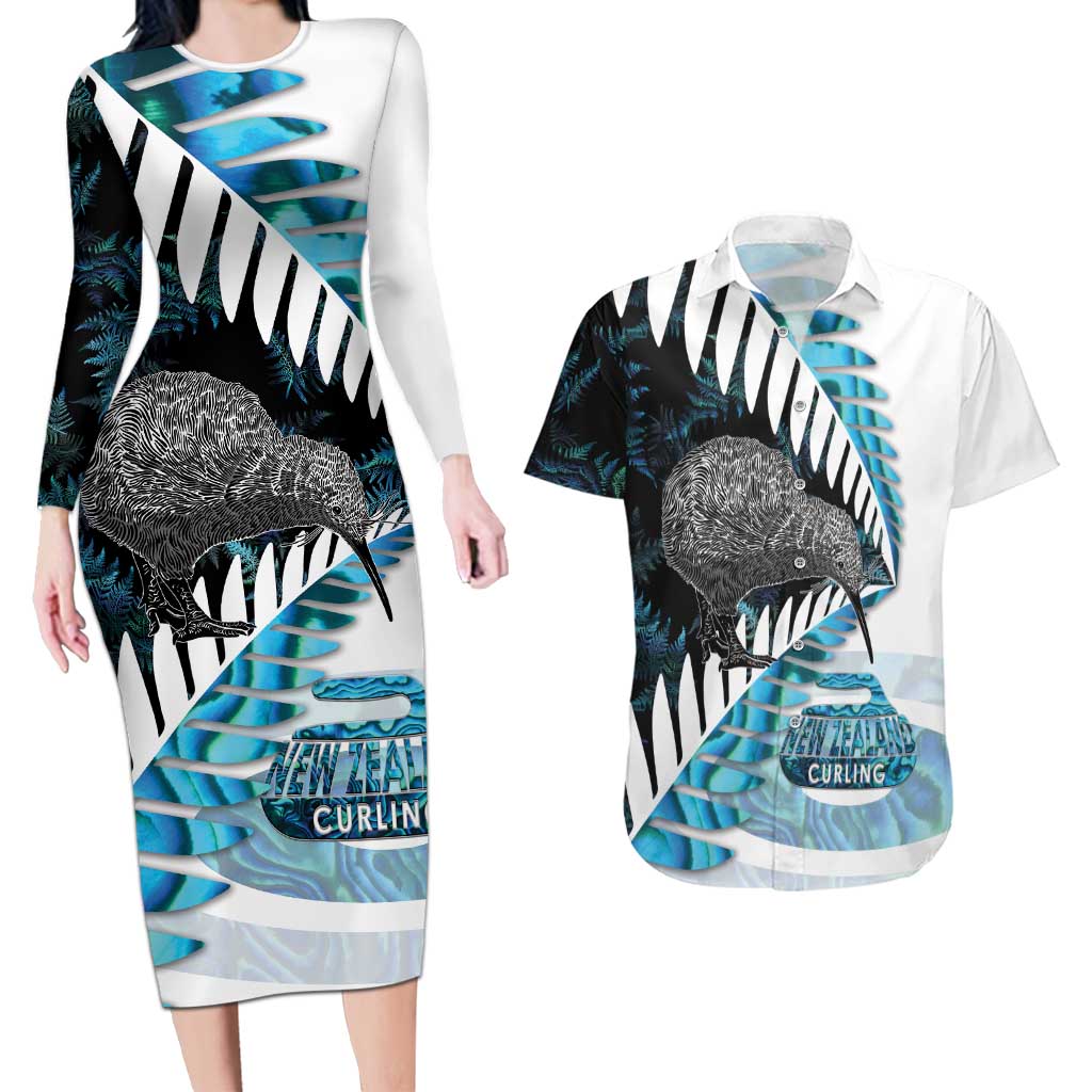 New Zealand Silver Fern Curling Personalised Couples Matching Long Sleeve Bodycon Dress and Hawaiian Shirt Aotearoa Kiwi Ponga Paua Shell Version - Polynesian Pride