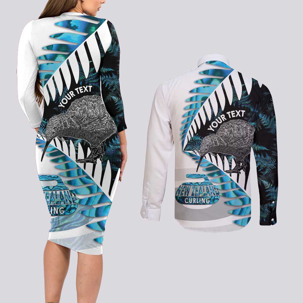 New Zealand Silver Fern Curling Personalised Couples Matching Long Sleeve Bodycon Dress and Long Sleeve Button Shirt Aotearoa Kiwi Ponga Paua Shell Version LT14 - Polynesian Pride