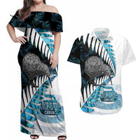 New Zealand Silver Fern Curling Personalised Couples Matching Off Shoulder Maxi Dress and Hawaiian Shirt Aotearoa Kiwi Ponga Paua Shell Version LT14 Black - Polynesian Pride