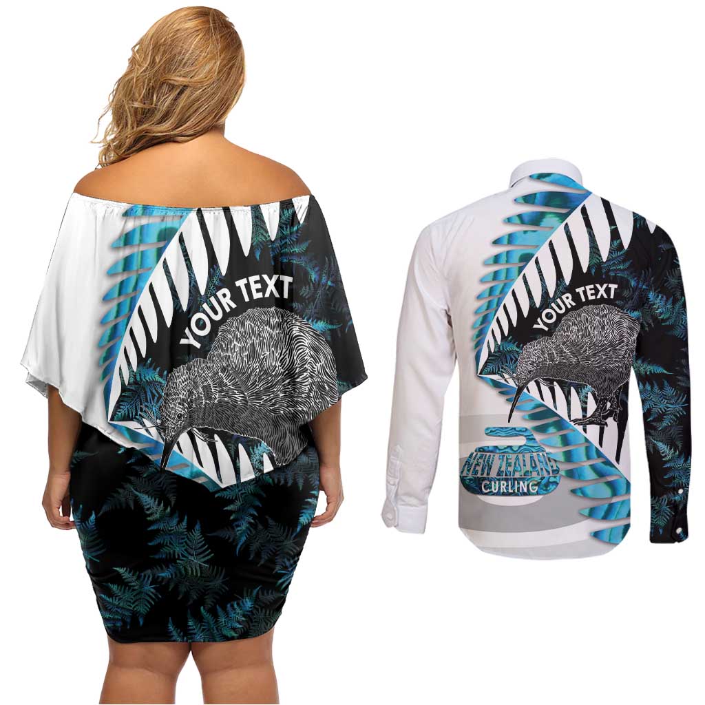 New Zealand Silver Fern Curling Personalised Couples Matching Off Shoulder Short Dress and Long Sleeve Button Shirt Aotearoa Kiwi Ponga Paua Shell Version - Polynesian Pride