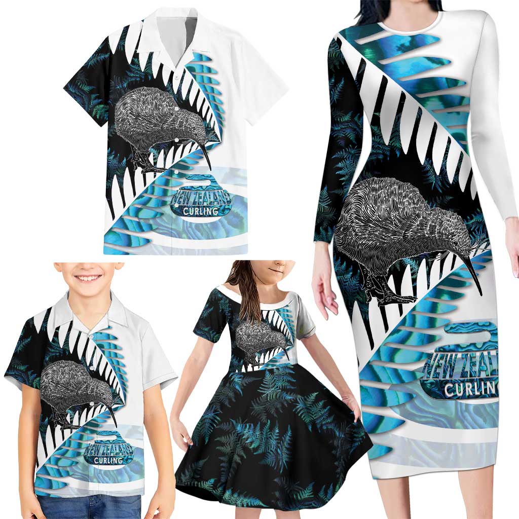 New Zealand Silver Fern Curling Personalised Family Matching Long Sleeve Bodycon Dress and Hawaiian Shirt Aotearoa Kiwi Ponga Paua Shell Version LT14 - Polynesian Pride