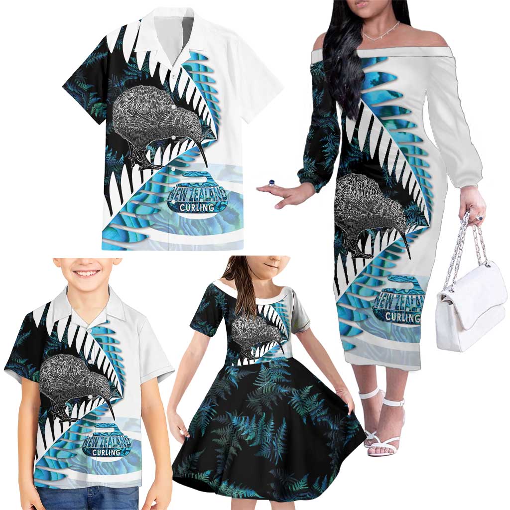 New Zealand Silver Fern Curling Personalised Family Matching Off The Shoulder Long Sleeve Dress and Hawaiian Shirt Aotearoa Kiwi Ponga Paua Shell Version LT14 - Polynesian Pride