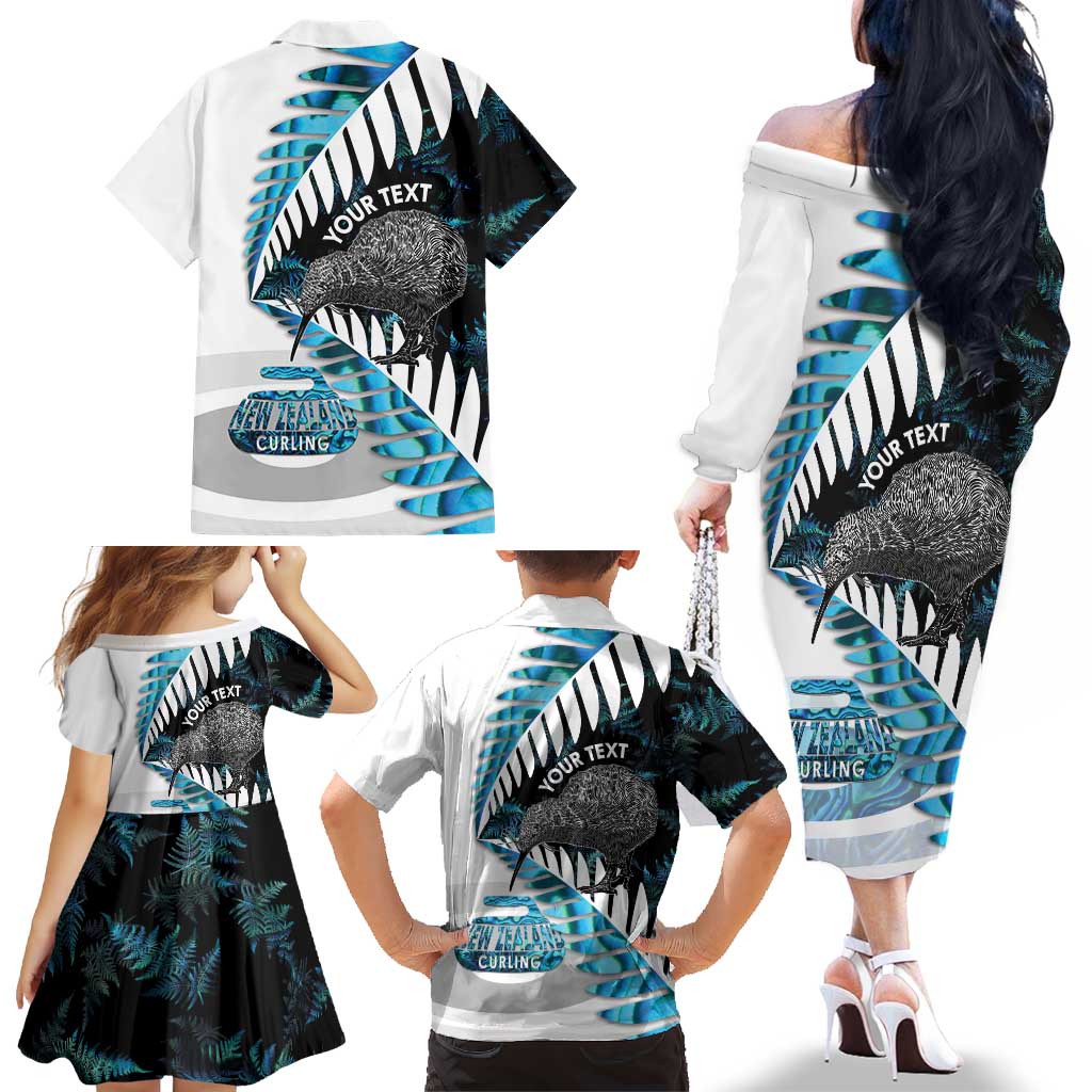 New Zealand Silver Fern Curling Personalised Family Matching Off The Shoulder Long Sleeve Dress and Hawaiian Shirt Aotearoa Kiwi Ponga Paua Shell Version LT14 - Polynesian Pride