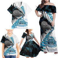 New Zealand Silver Fern Curling Personalised Family Matching Off Shoulder Maxi Dress and Hawaiian Shirt Aotearoa Kiwi Ponga Paua Shell Version LT14 - Polynesian Pride