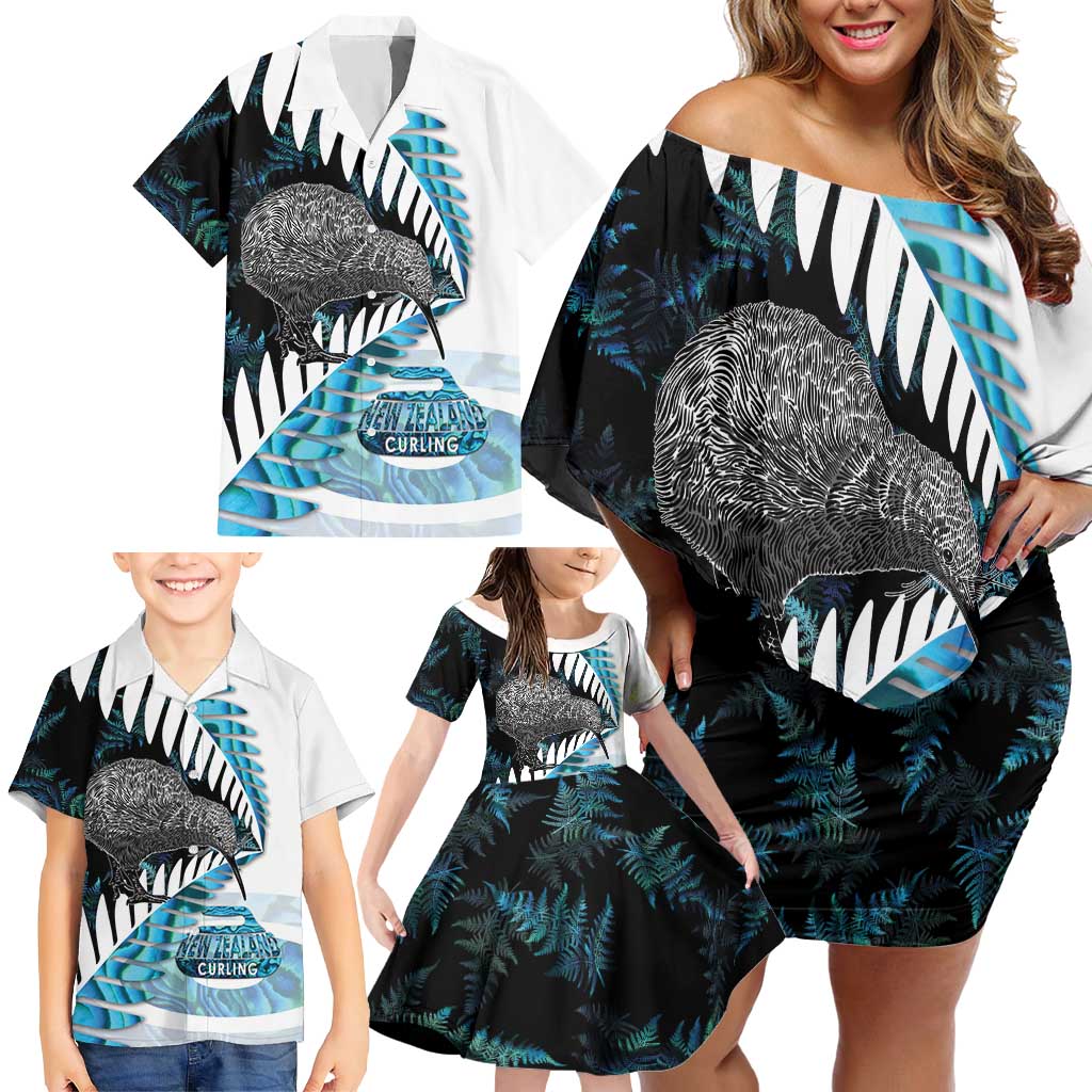 New Zealand Silver Fern Curling Personalised Family Matching Off Shoulder Short Dress and Hawaiian Shirt Aotearoa Kiwi Ponga Paua Shell Version LT14 - Polynesian Pride