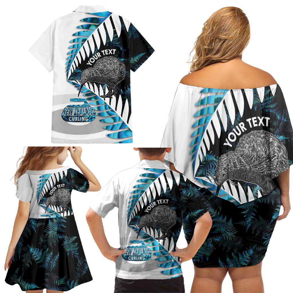 New Zealand Silver Fern Curling Personalised Family Matching Off Shoulder Short Dress and Hawaiian Shirt Aotearoa Kiwi Ponga Paua Shell Version LT14 - Polynesian Pride
