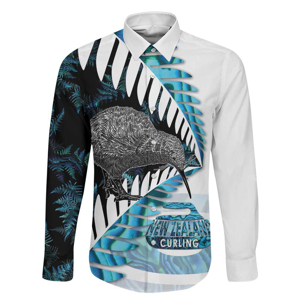 New Zealand Silver Fern Curling Personalised Family Matching Off Shoulder Short Dress and Hawaiian Shirt Aotearoa Kiwi Ponga Paua Shell Version LT14 Dad's Shirt - Long Sleeve Black - Polynesian Pride