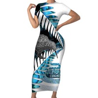 New Zealand Silver Fern Curling Personalised Family Matching Short Sleeve Bodycon Dress and Hawaiian Shirt Aotearoa Kiwi Ponga Paua Shell Version LT14 Mom's Dress Black - Polynesian Pride