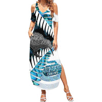 New Zealand Silver Fern Curling Personalised Family Matching Summer Maxi Dress and Hawaiian Shirt Aotearoa Kiwi Ponga Paua Shell Version LT14 Mom's Dress Black - Polynesian Pride