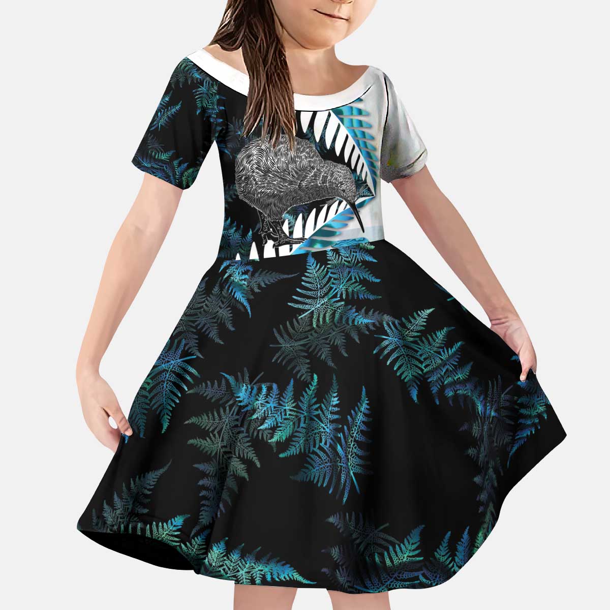 New Zealand Silver Fern Curling Personalised Kid Short Sleeve Dress Aotearoa Kiwi Ponga Paua Shell Version - Polynesian Pride