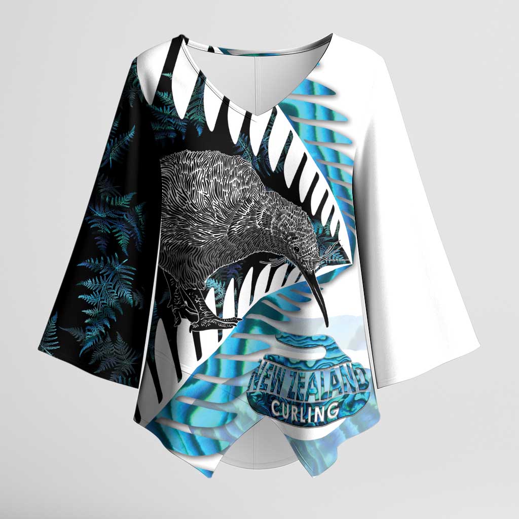 New Zealand Silver Fern Curling Personalised Kimono Sleeve Blouse Aotearoa Kiwi Ponga Paua Shell Version - Polynesian Pride