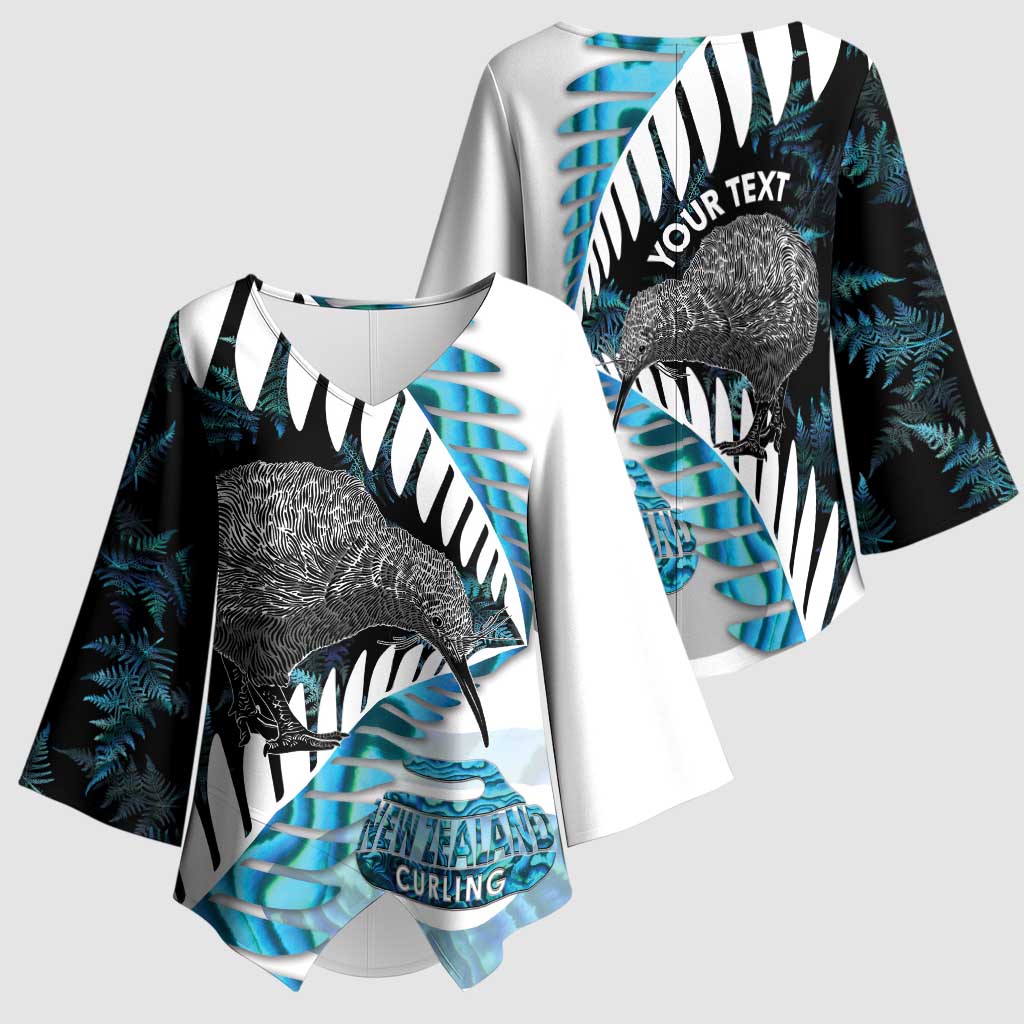 New Zealand Silver Fern Curling Personalised Kimono Sleeve Blouse Aotearoa Kiwi Ponga Paua Shell Version - Polynesian Pride