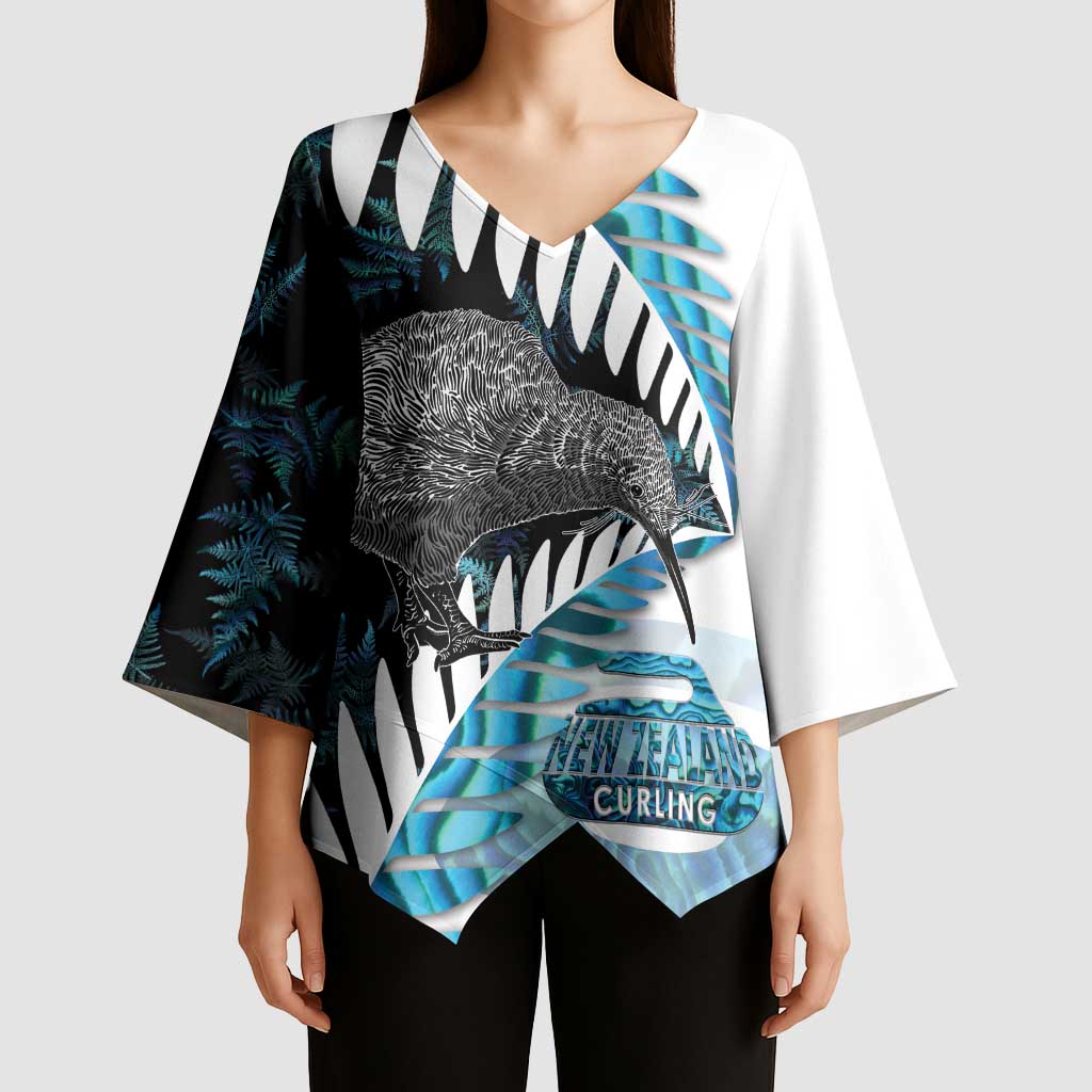New Zealand Silver Fern Curling Personalised Kimono Sleeve Blouse Aotearoa Kiwi Ponga Paua Shell Version - Polynesian Pride