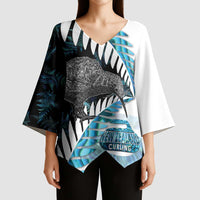 New Zealand Silver Fern Curling Personalised Kimono Sleeve Blouse Aotearoa Kiwi Ponga Paua Shell Version - Polynesian Pride