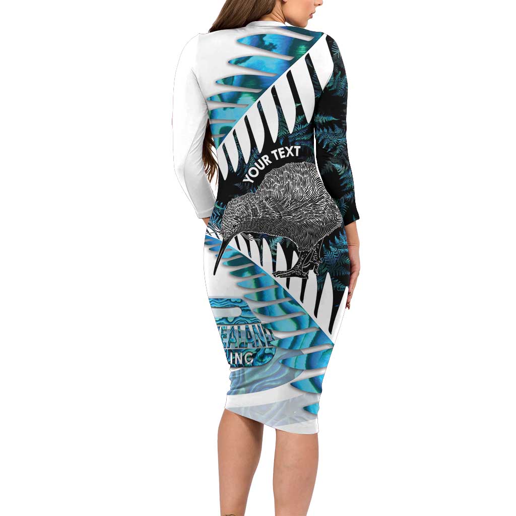 New Zealand Silver Fern Curling Personalised Long Sleeve Bodycon Dress Aotearoa Kiwi Ponga Paua Shell Version LT14 - Polynesian Pride