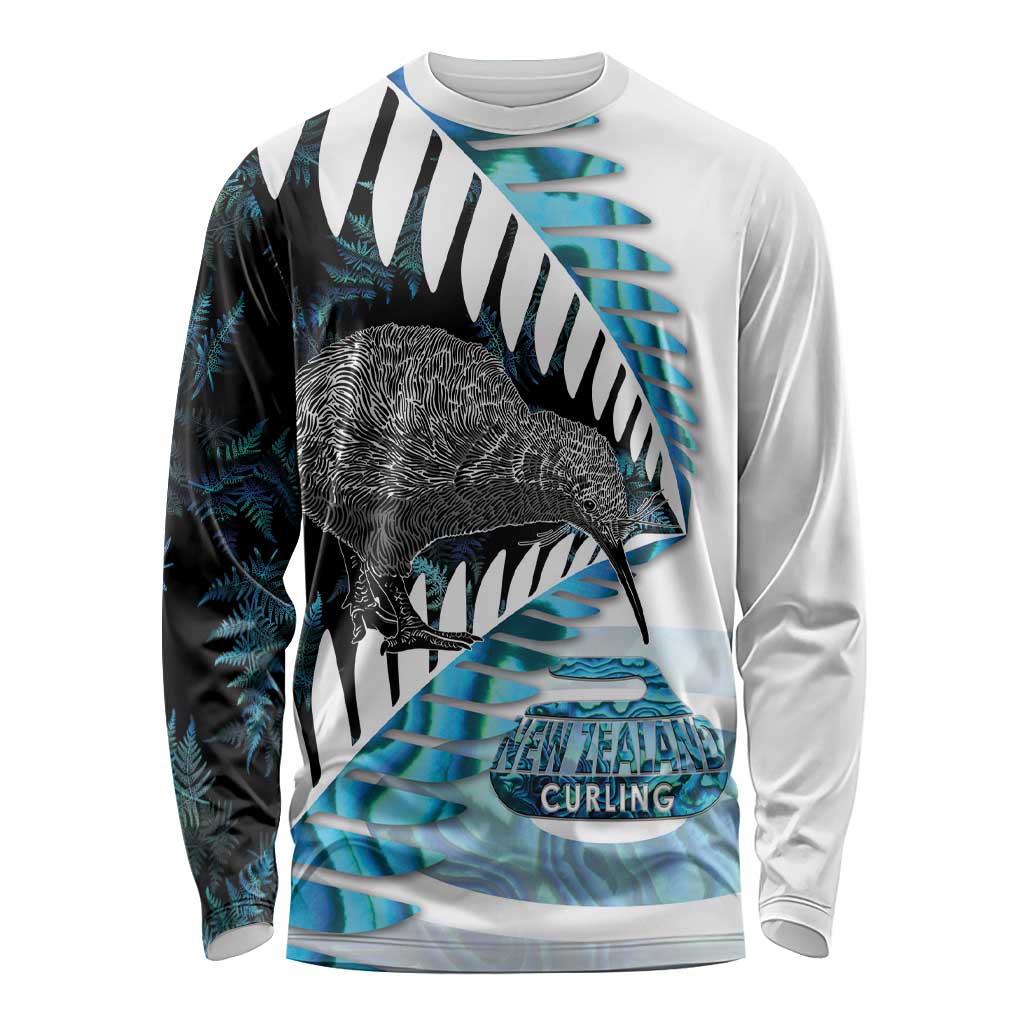 New Zealand Silver Fern Curling Personalised Long Sleeve Shirt Aotearoa Kiwi Ponga Paua Shell Version LT14 Unisex Black - Polynesian Pride