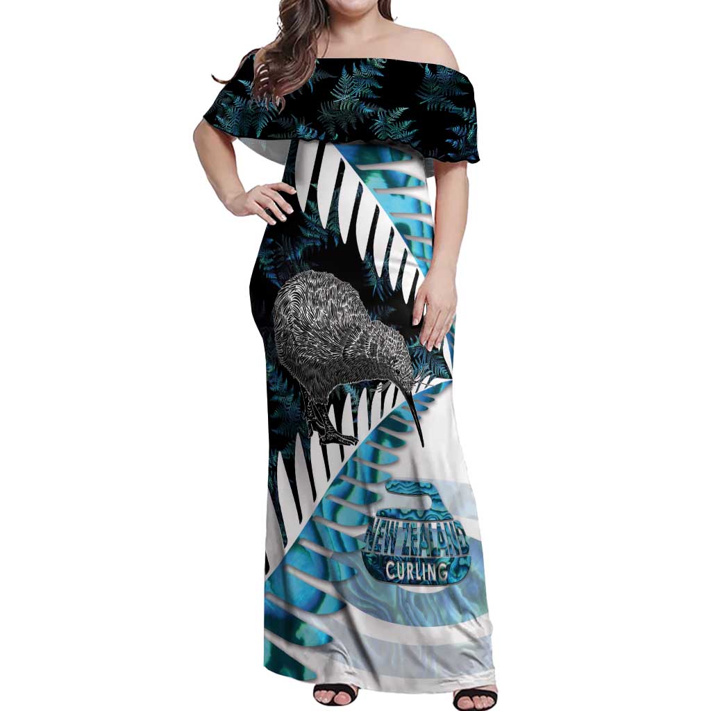 New Zealand Silver Fern Curling Personalised Off Shoulder Maxi Dress Aotearoa Kiwi Ponga Paua Shell Version - Polynesian Pride