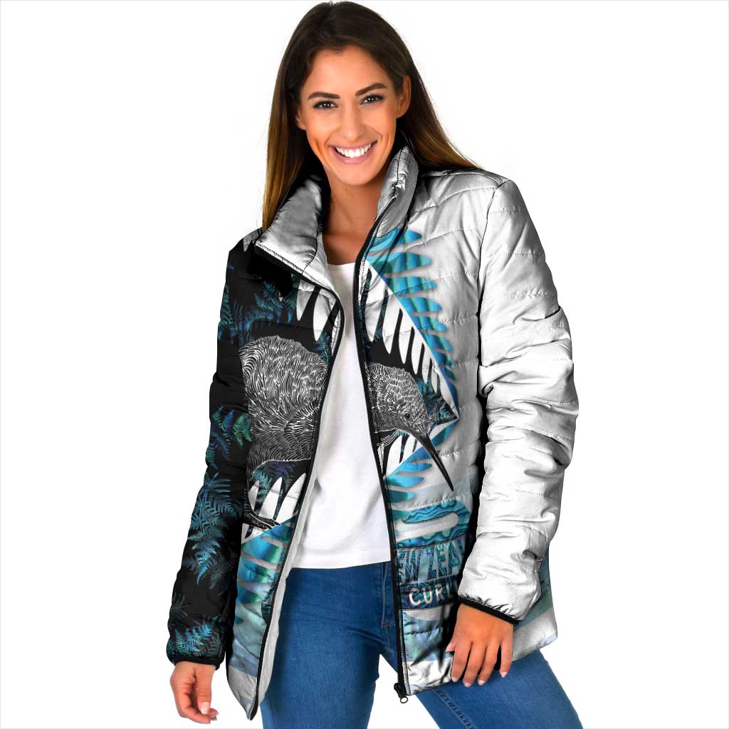 New Zealand Silver Fern Curling Personalised Padded Jacket Aotearoa Kiwi Ponga Paua Shell Version - Polynesian Pride