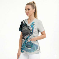 New Zealand Silver Fern Curling Personalised Scrub Top Aotearoa Kiwi Ponga Paua Shell Version - Polynesian Pride