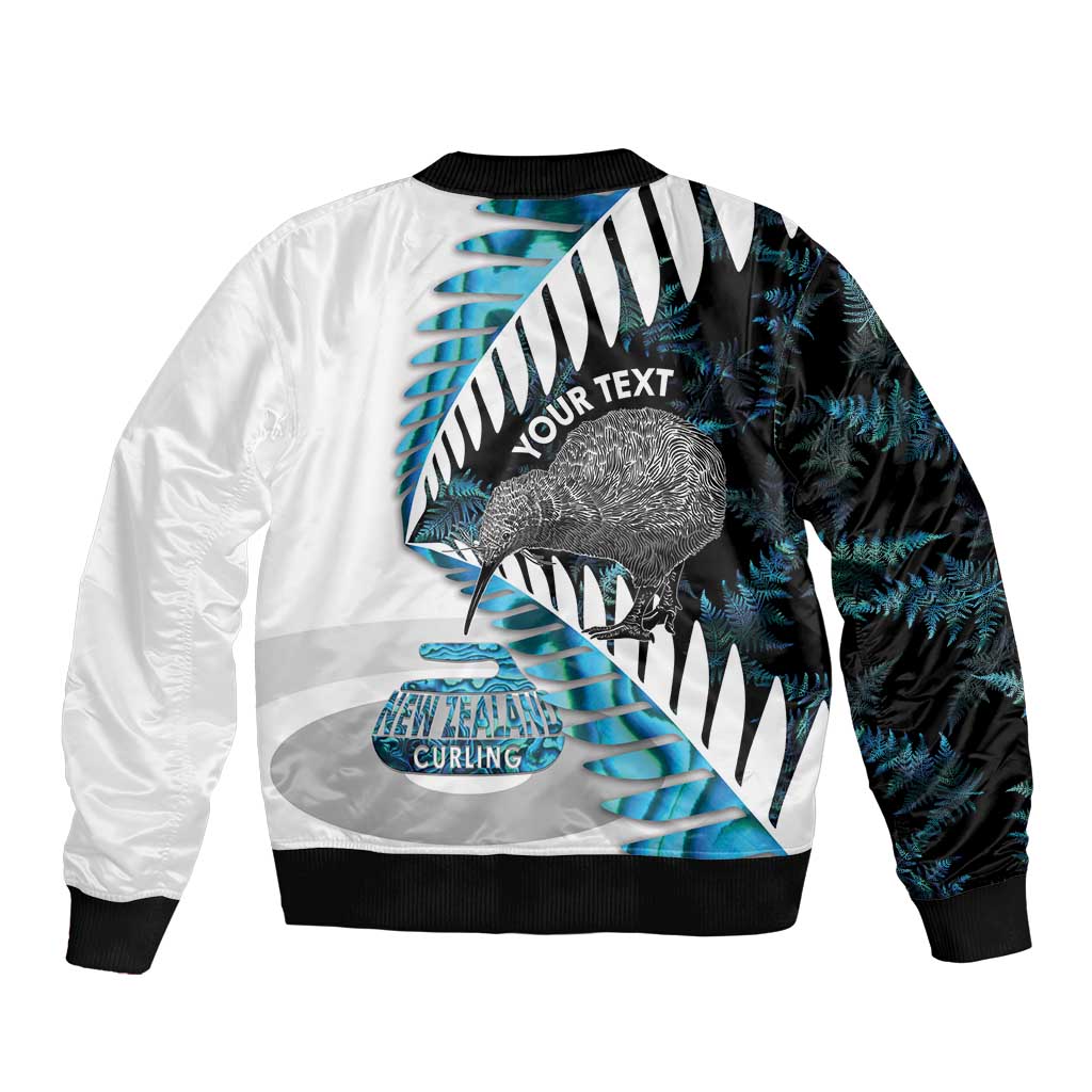 New Zealand Silver Fern Curling Personalised Sleeve Zip Bomber Jacket Aotearoa Kiwi Ponga Paua Shell Version - Polynesian Pride