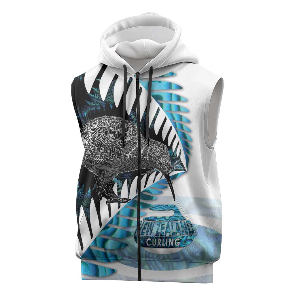 New Zealand Silver Fern Curling Personalised Sleeveless Zip Hoodie Aotearoa Kiwi Ponga Paua Shell Version LT14 Black - Polynesian Pride