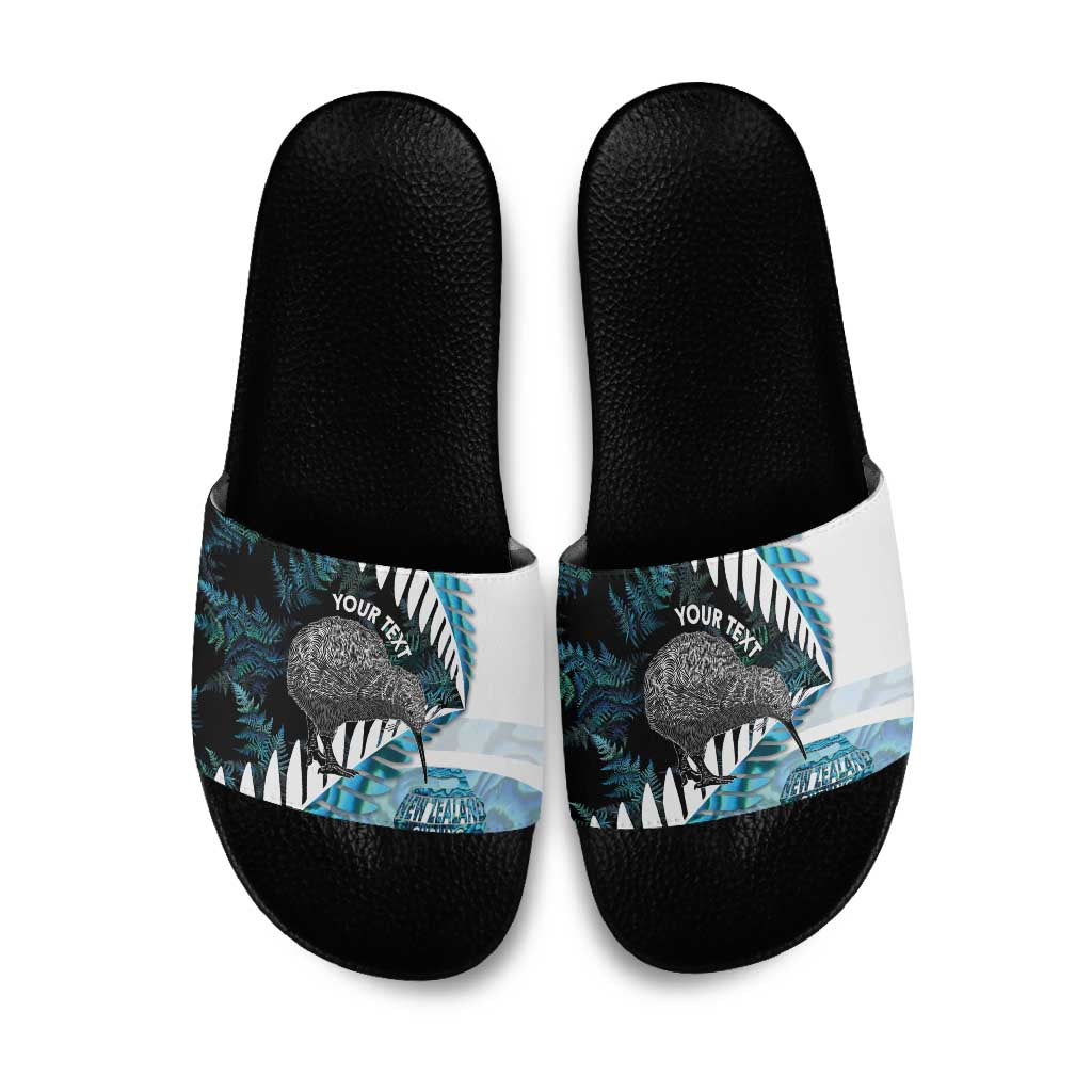New Zealand Silver Fern Curling Personalised Slide Sandals Aotearoa Kiwi Ponga Paua Shell Version - Polynesian Pride