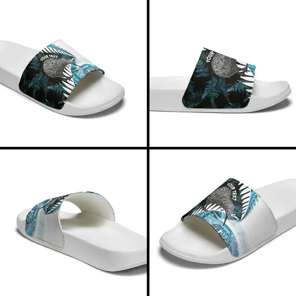New Zealand Silver Fern Curling Personalised Slide Sandals Aotearoa Kiwi Ponga Paua Shell Version - Polynesian Pride