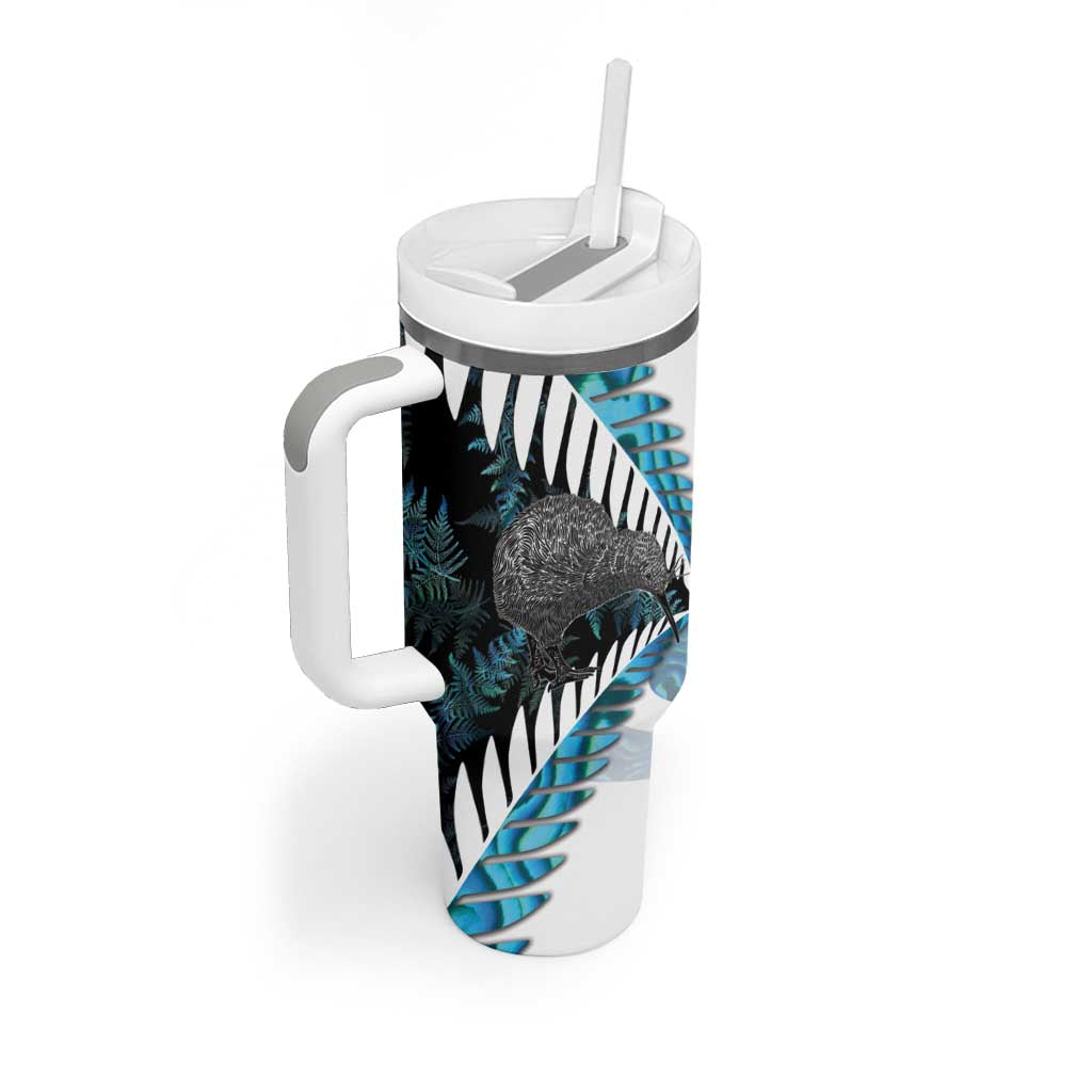 New Zealand Silver Fern Curling Personalised Tumbler With Handle Aotearoa Kiwi Ponga Paua Shell Version - Polynesian Pride