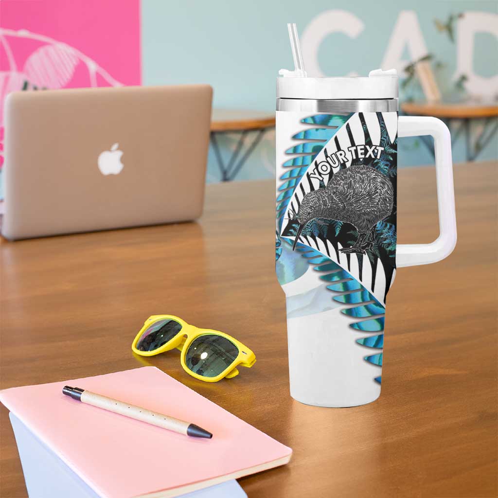New Zealand Silver Fern Curling Personalised Tumbler With Handle Aotearoa Kiwi Ponga Paua Shell Version - Polynesian Pride
