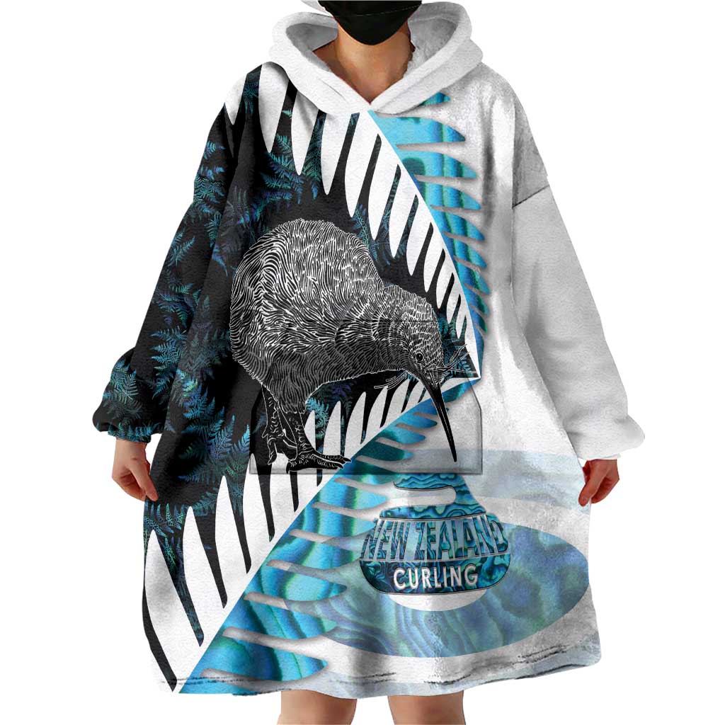 New Zealand Silver Fern Curling Personalised Wearable Blanket Hoodie Aotearoa Kiwi Ponga Paua Shell Version - Polynesian Pride