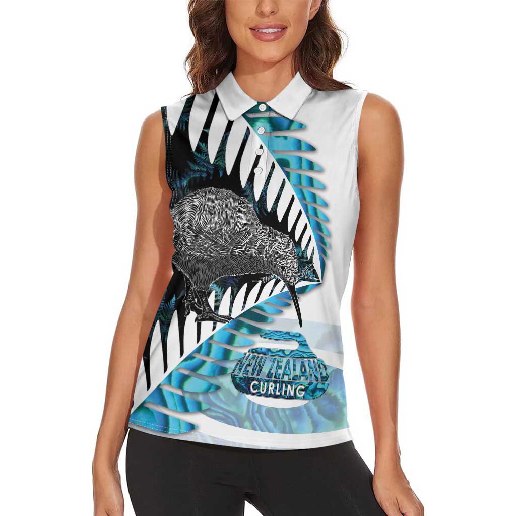 New Zealand Silver Fern Curling Personalised Women Sleeveless Polo Shirt Aotearoa Kiwi Ponga Paua Shell Version - Polynesian Pride