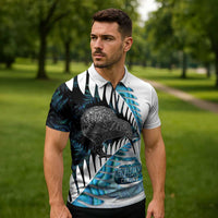 New Zealand Silver Fern Curling Personalised Zipper Polo Shirt Aotearoa Kiwi Ponga Paua Shell Version - Polynesian Pride