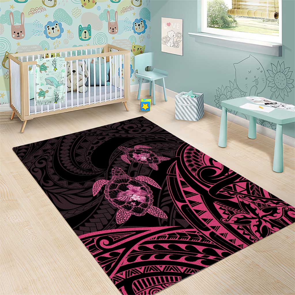 Pink Black Polynesia Floral Sea Turtle Area Rug - Polynesian Pride