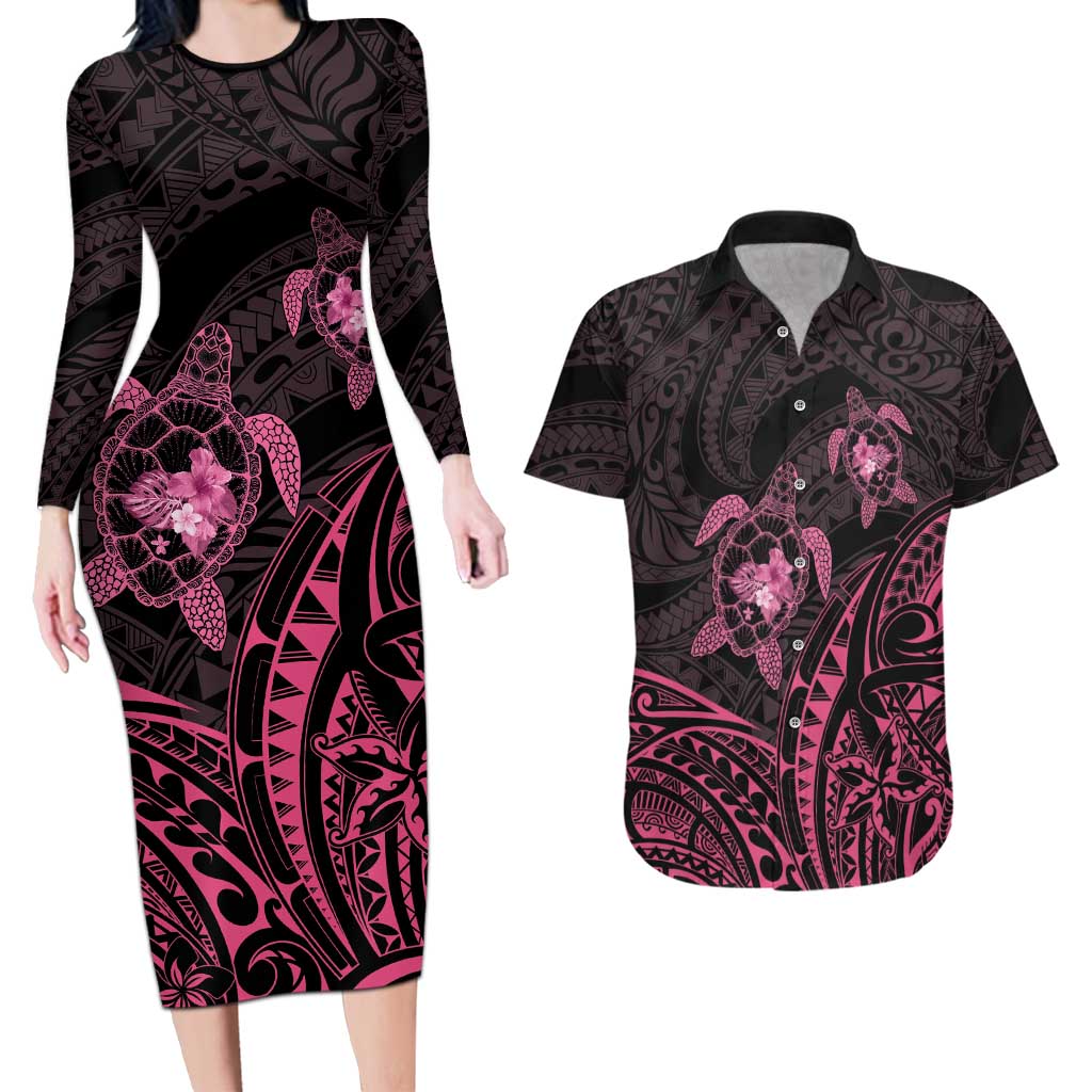 Pink Black Polynesia Floral Sea Turtle Couples Matching Long Sleeve Bodycon Dress and Hawaiian Shirt - Polynesian Pride