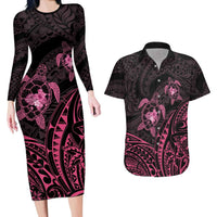 Pink Black Polynesia Floral Sea Turtle Couples Matching Long Sleeve Bodycon Dress and Hawaiian Shirt - Polynesian Pride