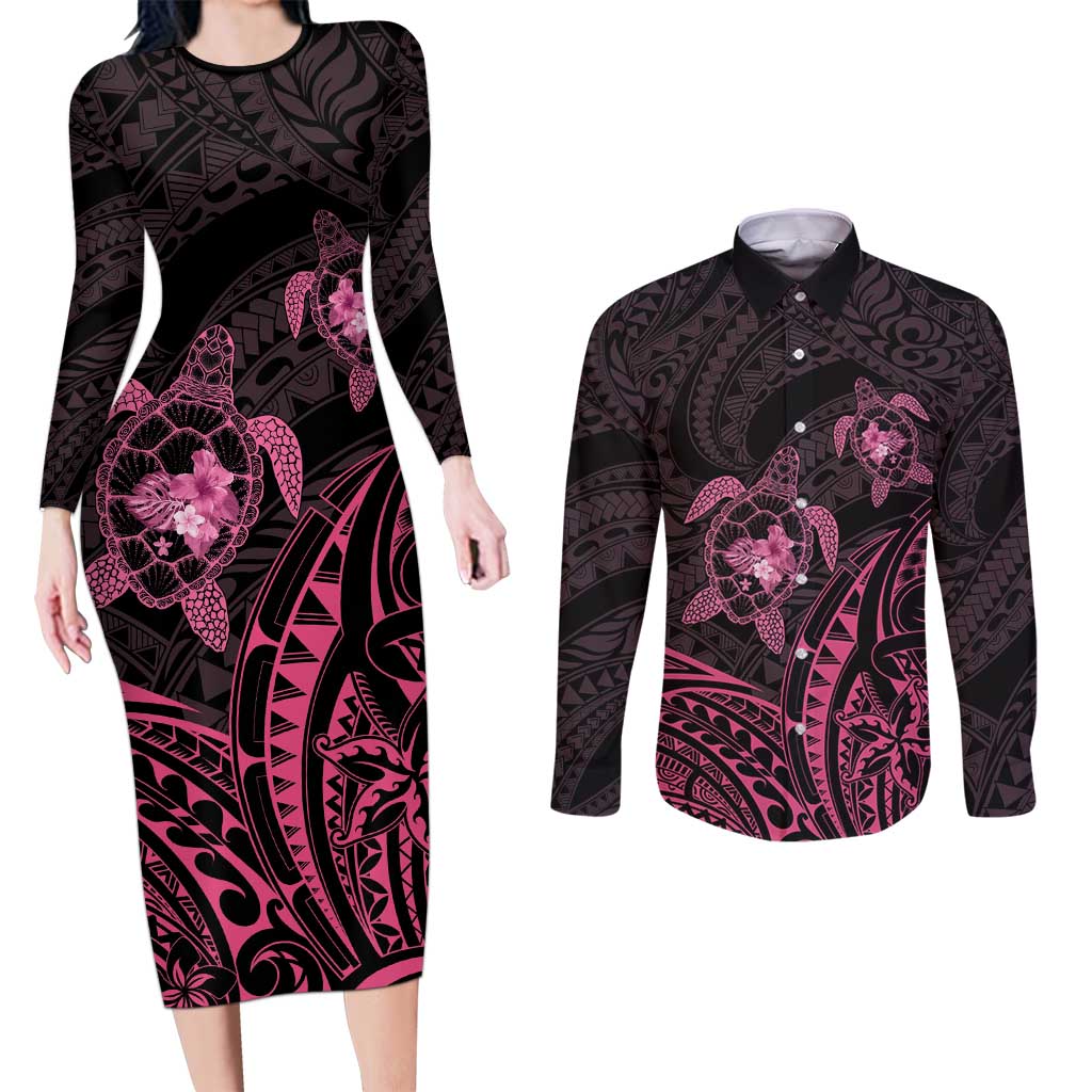 Pink Black Polynesia Floral Sea Turtle Couples Matching Long Sleeve Bodycon Dress and Long Sleeve Button Shirt - Polynesian Pride