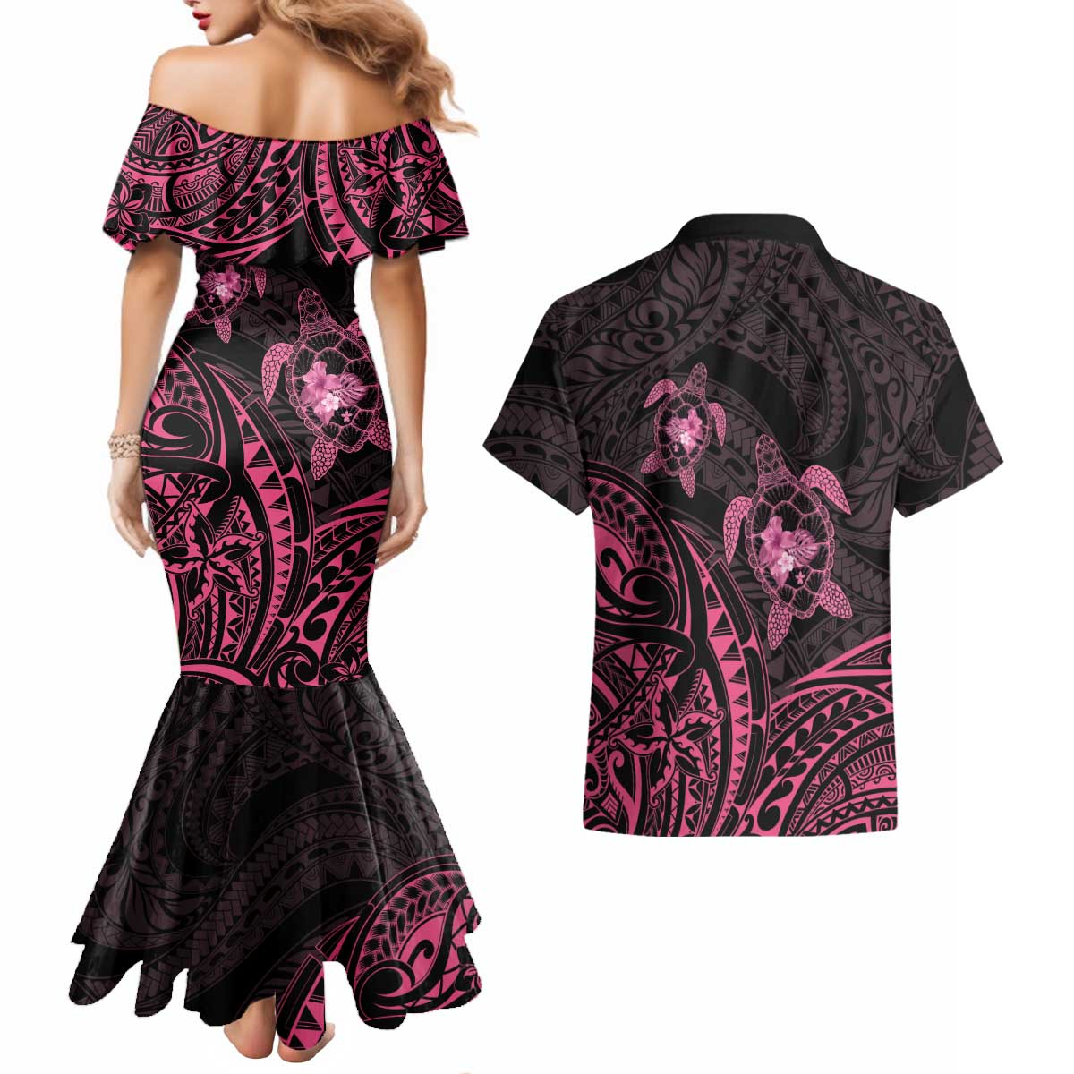 Pink Black Polynesia Floral Sea Turtle Couples Matching Mermaid Dress and Hawaiian Shirt - Polynesian Pride
