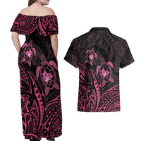 Pink Black Polynesia Floral Sea Turtle Couples Matching Off Shoulder Maxi Dress and Hawaiian Shirt - Polynesian Pride