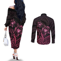 Pink Black Polynesia Floral Sea Turtle Couples Matching Off The Shoulder Long Sleeve Dress and Long Sleeve Button Shirt - Polynesian Pride